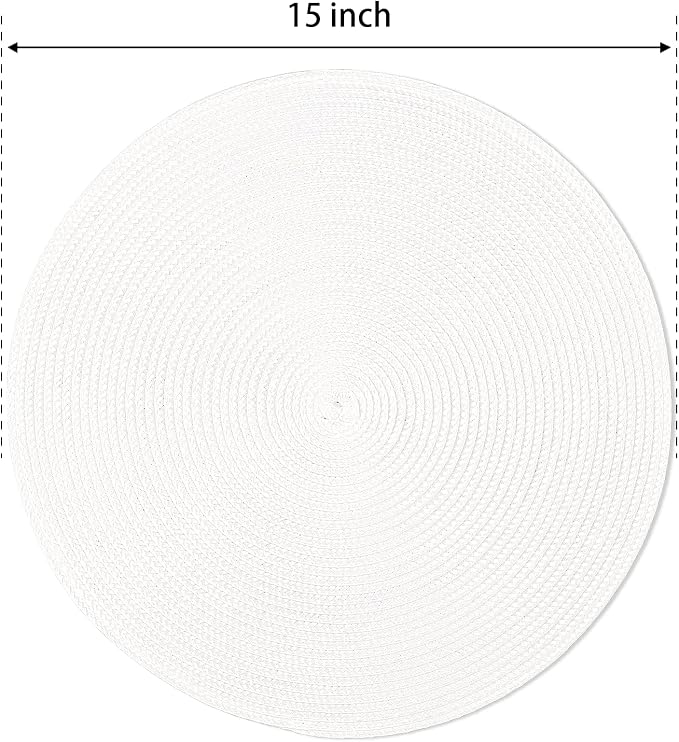 FunWheat Round Braided Placemats Set of 6 Table Mats for Dining Tables Woven Washable Non-Slip Place mats 15 inch(White, 6pcs)