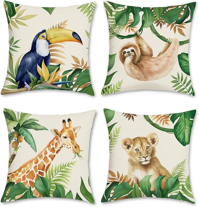 Bonhause Jungle Animals Throw Pillow Covers 18 x 18 Inch Lion Giraffe Sloth Toucan Tropical Outdoor Decorative Pillows Polyester Linen Cushion Cases for Couch Sofa Bed Home Decor Set of 4