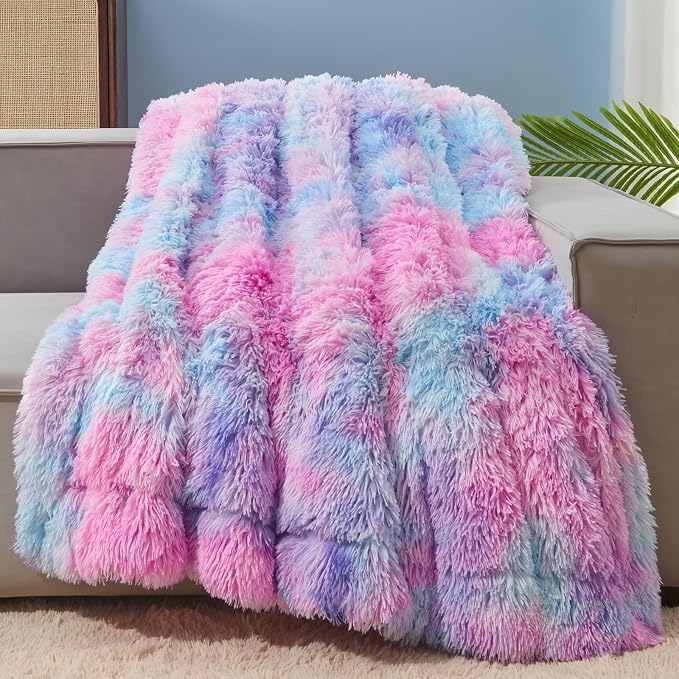 GONAAP Fuzzy Faux Fur Throw Blanket for Couch, Purple Rainbow, 50"x60" | Warm Cozy Plush Shaggy Decorative Reversible Thick Non-Heated Fleece Blanket for Sofa Bed, Gift for Women Men, All Season Use