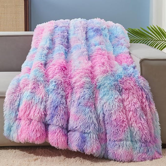 GONAAP Fuzzy Faux Fur Twin Blanket for Couch, Purple Rainbow, 60"x80" | Warm Cozy Plush Shaggy Decorative Reversible Thick Non-Heated Fleece Blanket for Sofa Bed, Gift for Women Men, All Season Use