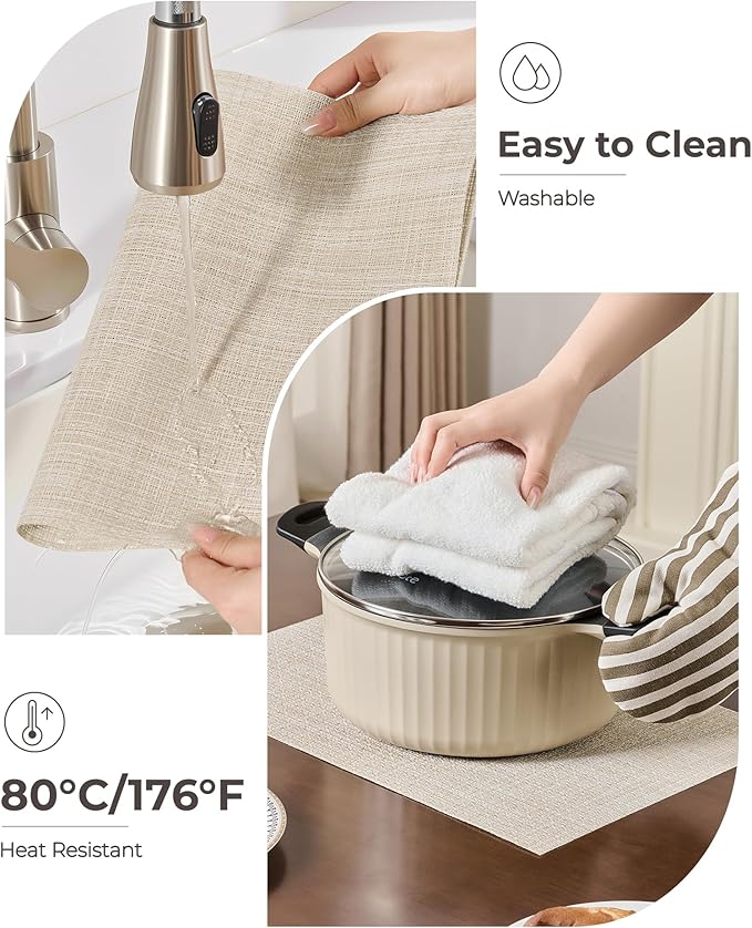 Leetaltree Beige Placemats Set of 6 - Heat-Resistant, Non-Slip Table Mats, Washable Woven Vinyl for Indoor & Outdoor Dining