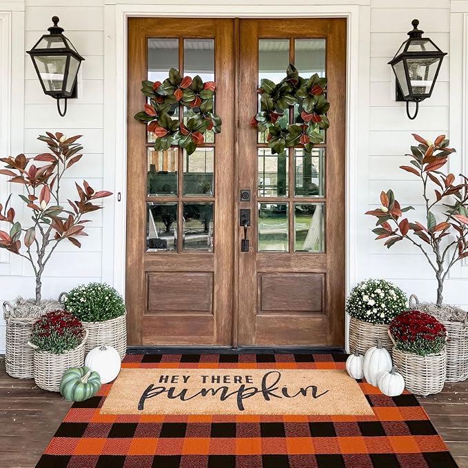 Bottalive Buffalo Plaid Outdoor Rugs, 3'x5' Orange and Black Checkered Indoor/Outdoor Area Rug, Layering Rug for Hello/Welcome Door Mat, Washable Cotton Woven Farmhouse Mat for Fall Front Porch Décor