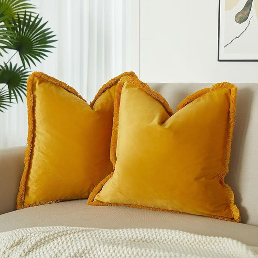 JUSPURBET Gold Velvet Throw Pillow Covers 22x22 Inch Set of 2 with Soft Tassel Fringe Luxury Boho Pillowcase for Sofa Couch Bed Home Decor Machine Washable