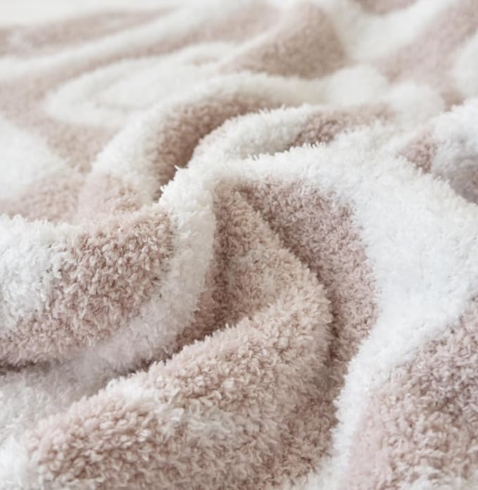 Ultra Soft Cozy Happy Smiling Face Checkered Knitted Throw Blanket Fluffy Microfiber Checkerboard Bed Blanket Lightweight Both Sides Blanket for Couch Sofa Bed (Smile Cream, Throw 50“x60”)