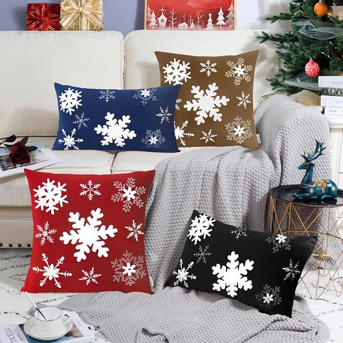 BRAWARM Christmas Pillow Cover 20 X 20 Inches, Brown Snowflake Embroidered Pillow Cover, Soft Velvet Decorative Throw Pillow for Couch Bed Sofa Living Room Home