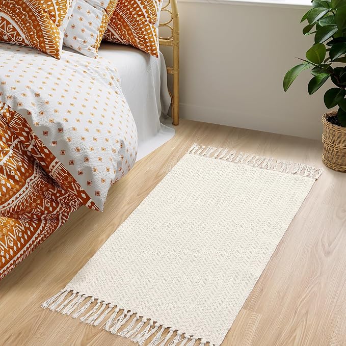 Lahome Boho Bathroom Rugs, Small 2x3 Front Door Mat for Kitchen, Washable | Indoor Entryway Area Rug Woven Cotton with Tassels, Farmhouse Non Shedding Beige Throw Low Pile Carpet for Bath Laundry