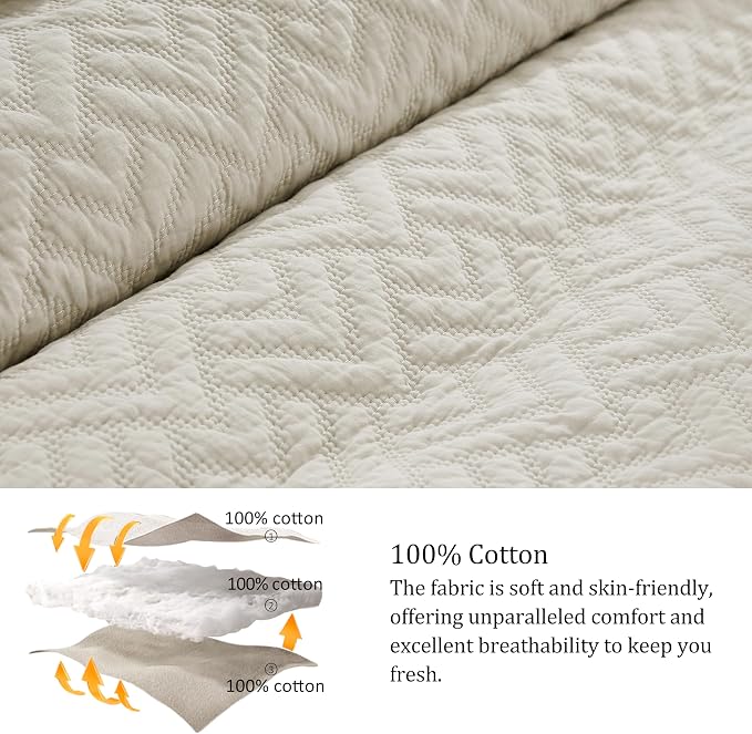 palassio Beige 100% Cotton Quilt King Size Bedding Sets with 2 Pillow Shams, Lightweight Textured Farmhouse Country Bedspread Soft Shabby Chic Patterned Coverlet for All Season, 3 Pieces