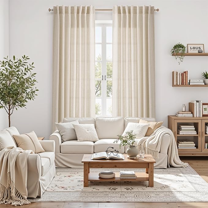 Linen Curtains for Living Room 90 Inches Long Modern Farmhouse Decor Light Filtering Semi Sheer Curtain Back Tab Neutral Luxury Rustic Burlap Coastal Drapes for Bedroom Office 52x90, 2 Panels