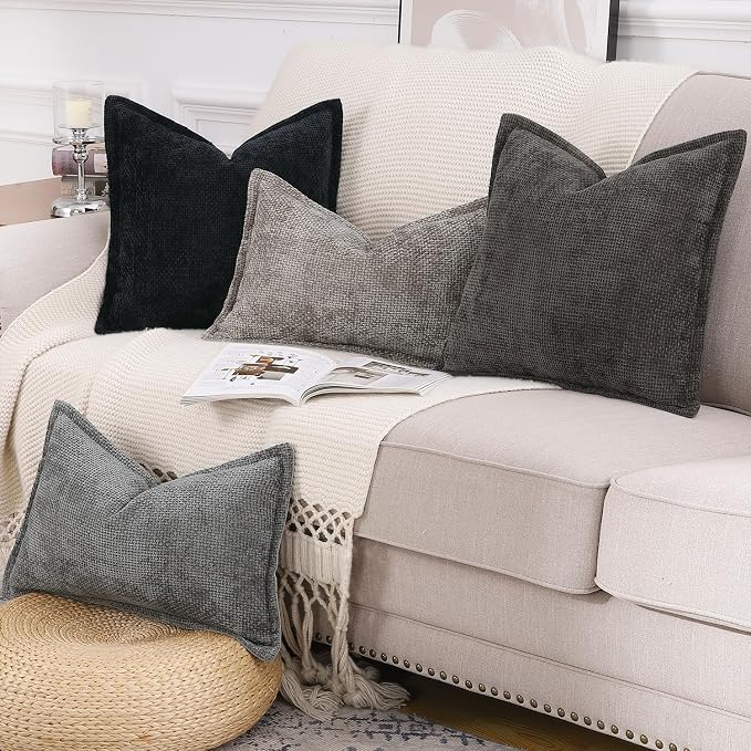 MADIZZ Decorative Chenille Velvet Throw Pillow Covers Set of 2 Soft Boho Textured Neutral Couch Throw Pillow for Bed Modern Farmhouse Home Decor for Sofa Livingroom Black 18x18 Inch