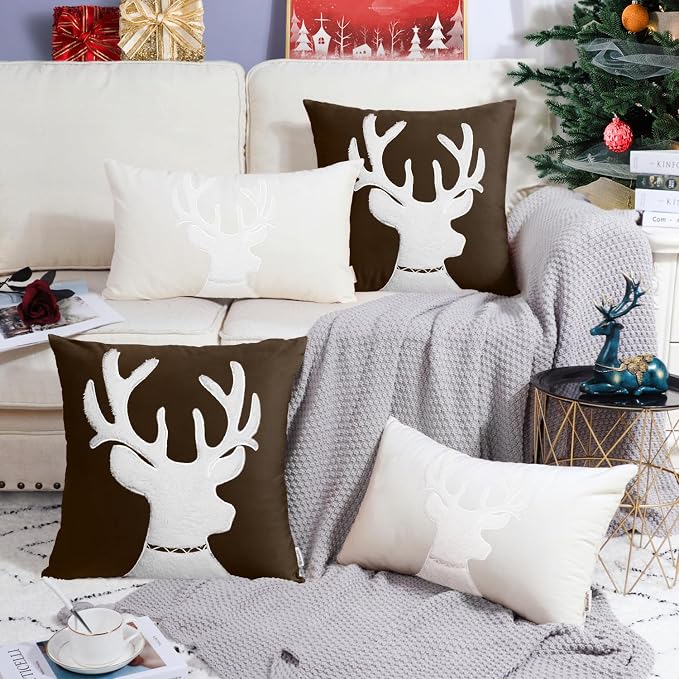 BRAWARM Christmas Pillow Cover 20 X 20 Inches, Coffee Reindeer Embroidered Pillow Cover, Soft Velvet Decorative Throw Pillow for Couch Bed Sofa Living Room Home