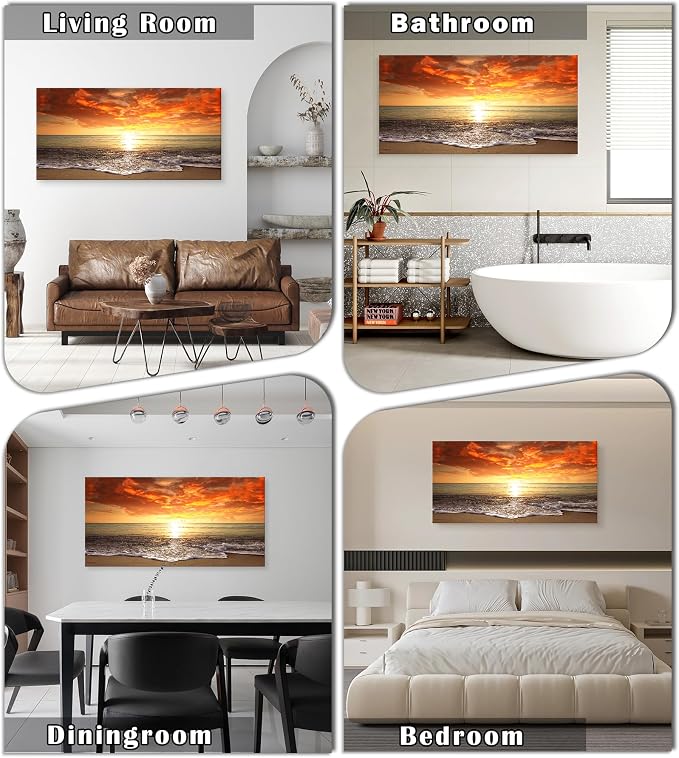 Baisuart-S0198 Canvas Prints Wall Art Sunset Ocean Beach Pictures Photo Paintings for Living Room Bedroom Home Decorations Modern Stretched and Framed Seascape Waves Landscape Giclee Artwork