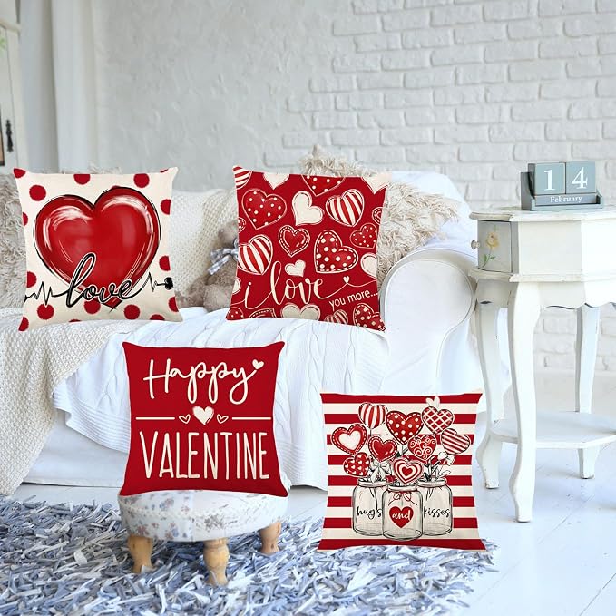 ONFAON Valentines Day Decorations- Throw Pillow Covers 18x18 in Set of 4，Love Heart Pillow Covers Farmhouse Valentines Day Decor for Couch Home Outdoor
