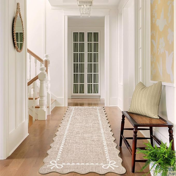 COZYLOOM Scalloped Entryway Rugs Indoor 2x6 Washable Runner Rug with Rubber Backing, Non Shedding Stain Resistant Bow Printed Rug, Low Pile Soft Solid Carpet for Kitchen, Bathroom, Bedroom, Camel