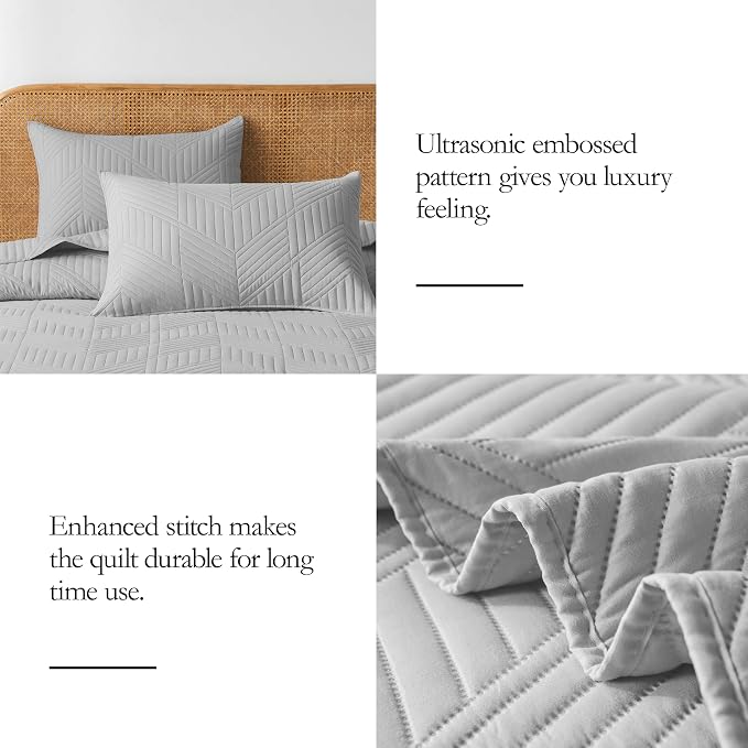 Davulos Twin Quilt Bedding Set,Light Grey Ultrasonic Quilt Set Reversible Microfiber Bedspread,Lightweight Soft Modern Geometric Coverlet Set for All Seasons(1 Quilt,1 Pillow Sham)