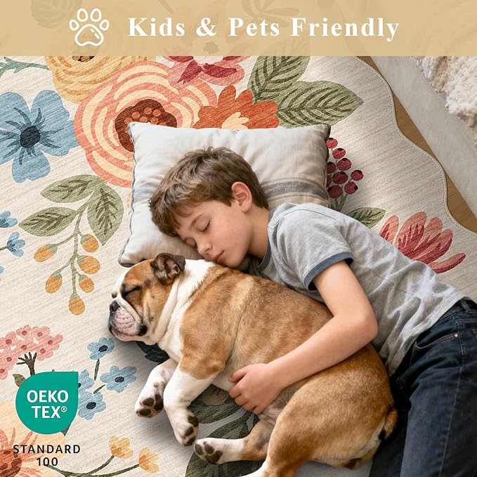 DUKINO 6x9 Area Rugs, Floral Washable Living Room Rug Non Slip Beige Yellow | Low Pile, Stain Resistant, Soft Indoor Large Rugs for Bedroom, Dining Room, Kids Playroom, Nursery, Pet Friendly, Home Decor