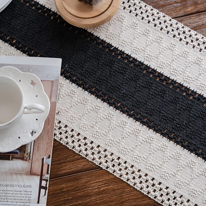 Macrame Table Runner Beige and Black Boho Table Runners with Tassels 12x95 | Alynsehom Hand Woven Cotton Table Runner Rustic Farmhouse Table Runners for Bohemian Kitchen Dining Table