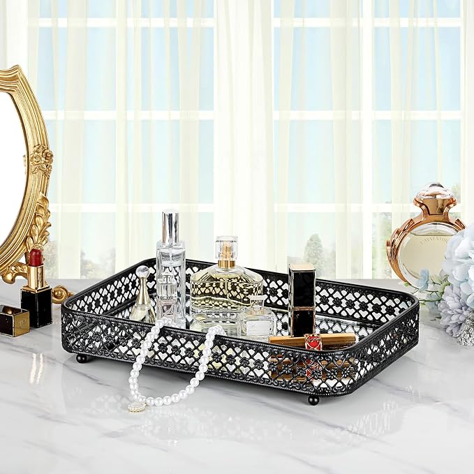 ELLDOO Black Mirror Glass Perfume & Makeup Vanity Tray, Medium Size