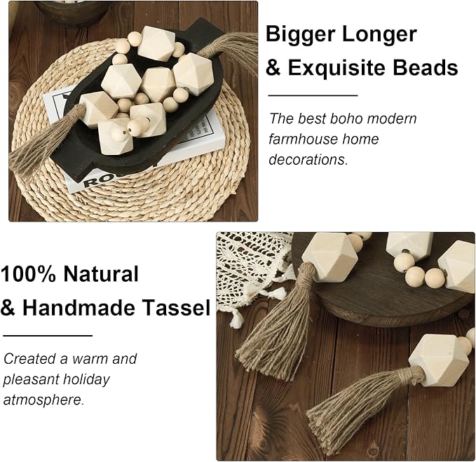 Extra Large Wood Bead Garland with 2" Diameter Wooden Beads, 42" Long Rustic Farmhouse Wooden Beads Garland with Tassels, Decorative Beads Boho Decorations for Home Table Mantle Natural Beige