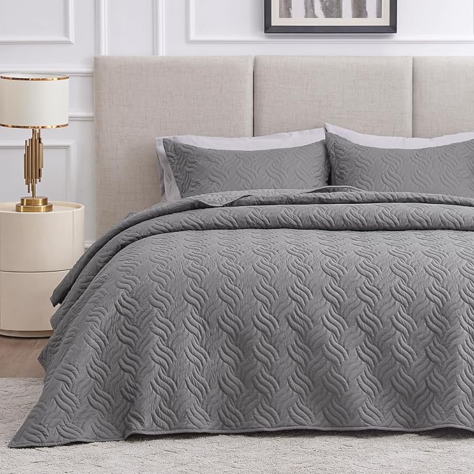 Love's cabin Twin Quilt Bedding Set Grey Bedspreads - Soft Bed Summer Lightweight Bedspread Comforter - Wave Pattern Bedding Coverlet for All Season - 2 Pieces (1 Quilt, 1 Pillow Sham)