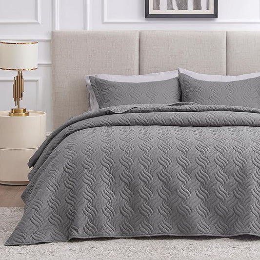 Love's cabin Quilts for Full Bed Grey Bedspreads Bedding Set - Lightweight Bedspread Comforter - Wave Pattern Bedding Coverlet for All Season - 3 Pieces (1 Quilt, 2 Pillow Shams)