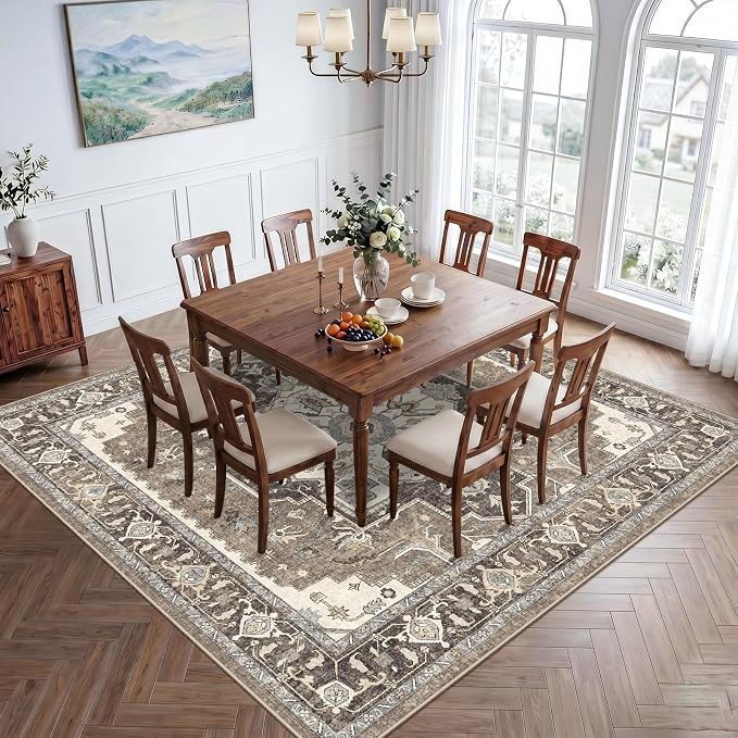 8x8 Area Rug Square for Living Room: Large Non-Slip Washable Rugs for Bedroom Dining Room Vintage Soft Low Pile Carpet Thin Stain Resistant Indoor Floor Mat for Home Office Apartment (Beige,8x8)