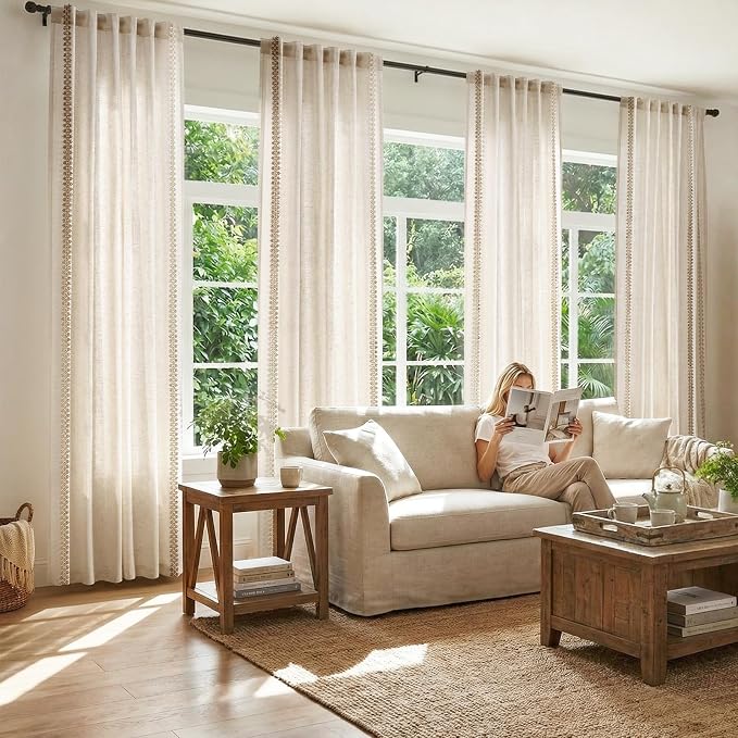 jinchan Beige Linen Curtains with Woven Trim Back Tab 50 x 84 Inch 2 Panels | Semi sheer light filtering, modern farmhouse curtains for living room and bedroom, back tab rod pocket, machine washable
