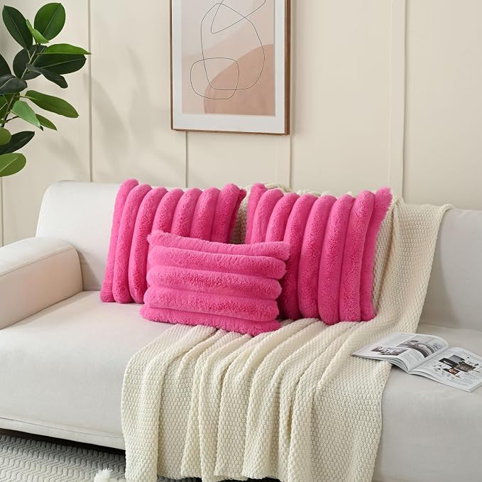 HAUSSY Pack of 2 Pillow Covers 26x26 Inch, Faux Fur Decorative Couch Throw Pillows Soft Striped Plush Cushion Covers Home Decor Cute Furry Pillowcase for Living Room Sofa Bed, Hot Pink (Covers Only)