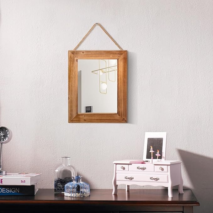 OKSQW Farmhouse Wall Mirror Brown Rectangle Rustic Wood Mirror 16 X 12 Inch Decorative Wood Frame with Mirror and Hanging Hemp Rope, Hanging Mirror for Bathroom Bedroom, Entryway, Dresser Wall Mirror