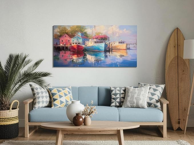 Arjun Lake Wall Art Sailboat Nautical Canvas Painting Framed Large 40"x20" | Colorful Artwork for Walls Dock Picture Prints Landscape Textured Living Room Bedroom Home Office Dining Room Kitchen Decor