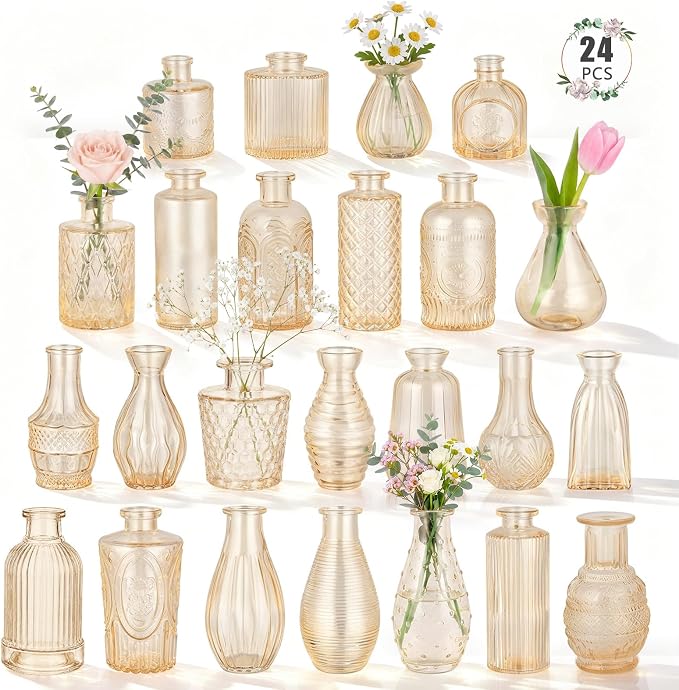 24 Pack Bud Vase in Bulk - BEAHOT Gold Flower Vases for Wedding Decorations, Glass Vase for Table Decorations, Small Vase for Home, Mother's Day, Centerpieces, Party, Office (Gold)