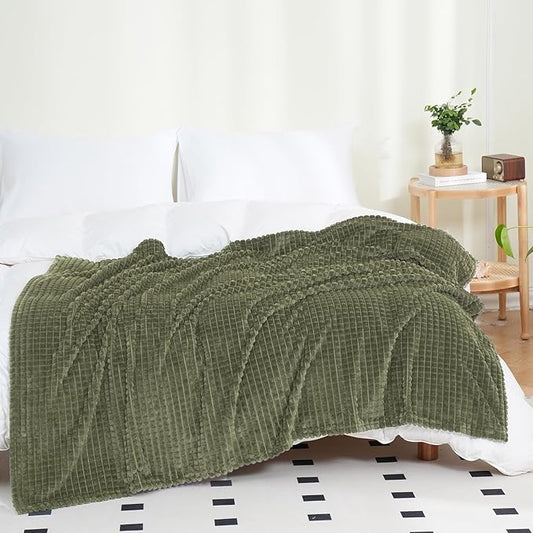 Puncuntex Fleece Throw Blanket Olive Green 108"×90" with Square Grid Design | Super Soft Plush Cozy Flannel Throw Blanket Luxury for Couch Sofa Chair