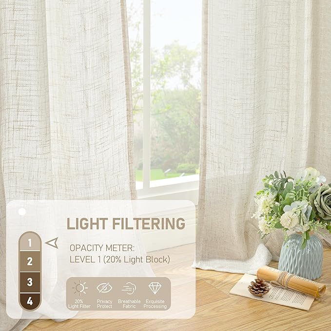 63 Inch Semi Sheer Linen Curtains for Bedroom Living Room, 2 Panels | Light Filtering Panels, Linen Textured, Neutral Drapes for Small Windows, Rod Pocket Back Tab, Natural, 34 x 63 Inch