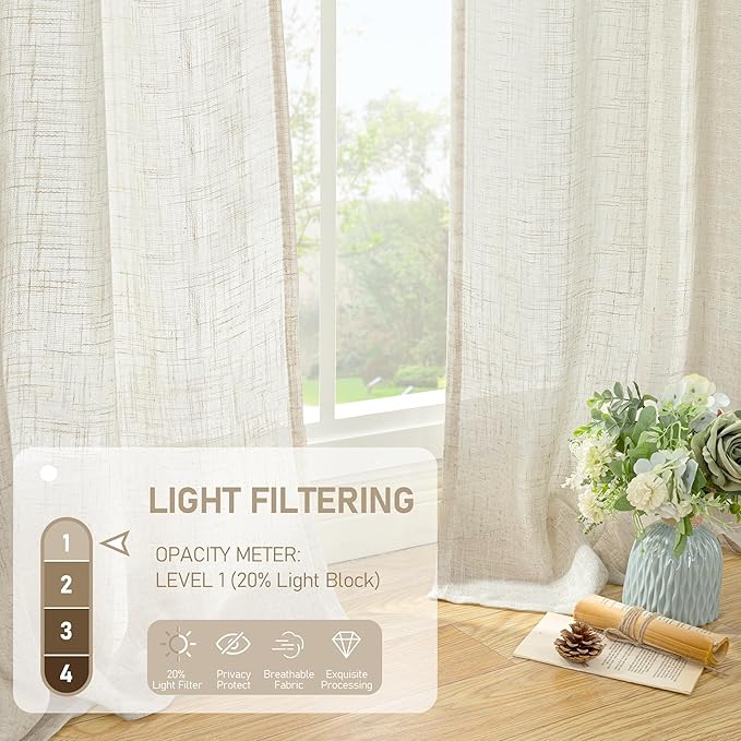 Natural Linen Semi Sheer Curtains 48 Inch for Bedroom, 52 x 48 Inch | Light Filtering, Neutral Window Curtains, Farmhouse Boho, Rod Pocket Back Tab Panels, Natural Cream Ivory, 2 Panels