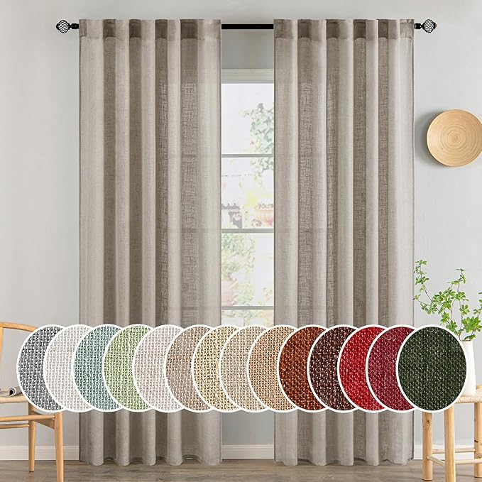 MIULEE Burlywood Birch Curtains 52x84 Inch Long 2 Panels for Bedroom | Living Room, Soft Linen Textured Window Drapes, Semi Sheer Light Filtering, Back Tab Rod Pocket, Farmhouse Burlap Look Decor
