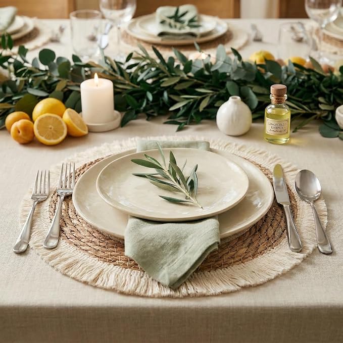 Round Placemats Set of 4, 13.5 in Woven Bulrush Table Mats with Cream Fringe Edge, Charger Plates for Dining Table