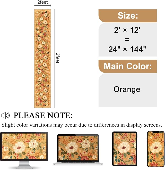 DUKINO 2x12 Washable Runner Rug, Non Slip Long Kitchen Runner Rug, Orange | Floral, Low Pile, Soft Indoor Rug Runner for Hallway, Entryway, Bedroom, Bathroom, Laundry, Pet Friendly, Modern Home Decor
