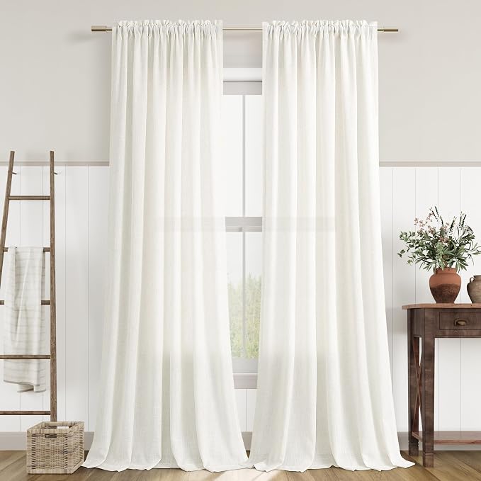 Extra Long Linen Curtains 108 Inches Long 9 FT for Living Room Rod Pocket Natural Cream Semi Sheer Curtain 2 Panels Boho Farmhouse Light Filtering Window Drapes for Bedroom Beige Ivory 52x108