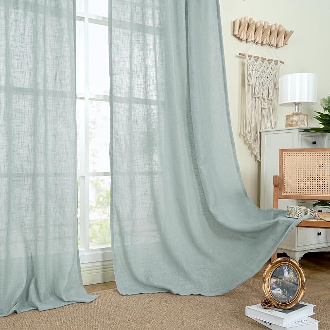Short Linen Curtains 40 Inch Length 2 Panels, Light Filtering Panels | Semi Sheer, Neutral, Curtains for Bedroom, Basement, Window, Loft Room, Rod Pocket Back Tab, Greyish Blue, 34 x 40 Inch