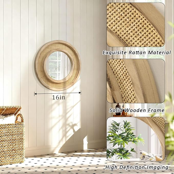 JJUUYOU Wood Mirror with Wood Frame Circle Mirrors for Wall 16 Inch Circular Hanging Mirrors for Living Room Bathroom Vanity Entryway Hallway Brown