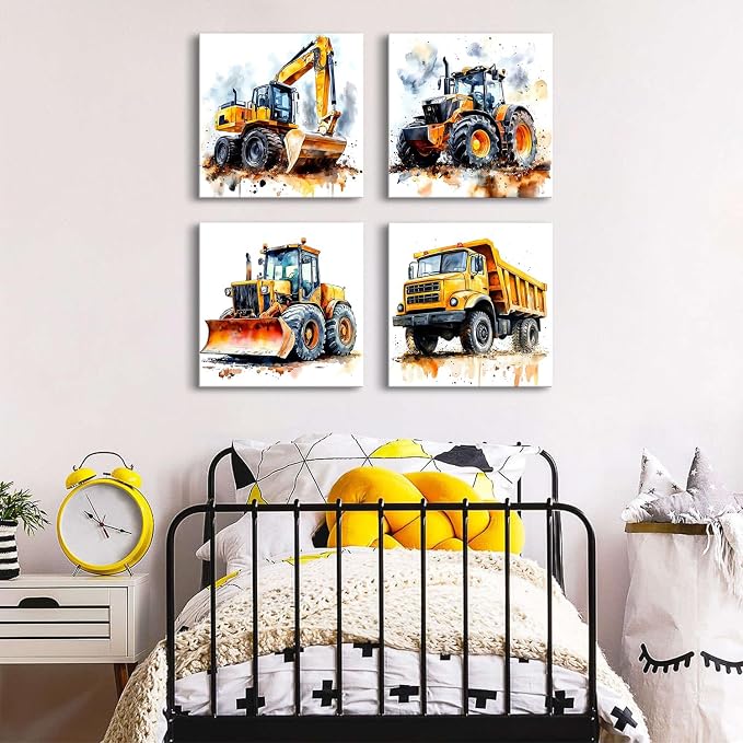 Watercolor Construction Truck Wall Art Boys Bedroom Decor Excavator Bulldozer Tractor Canvas Prints Pictures Kids Room Playroom Transportation Car Theme Paintings Artwork Home Decorations 16x16” 4Pcs