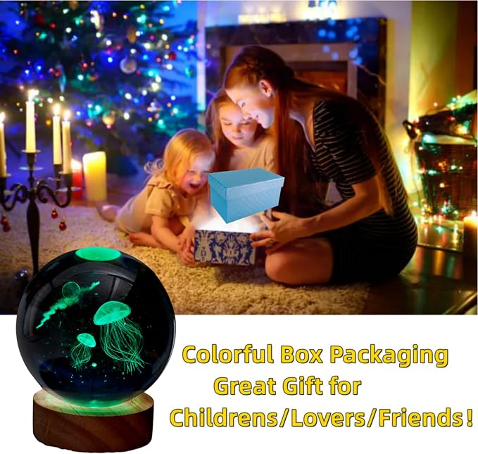 3D Jellyfish Crystal Ball Lamp, 3.15 Inch Jellyfish Crystal Ball Night Light with 16 Colors LED Wooden Base, Remote Control, Gift Box Packaging, Home Decor Gift for Friends