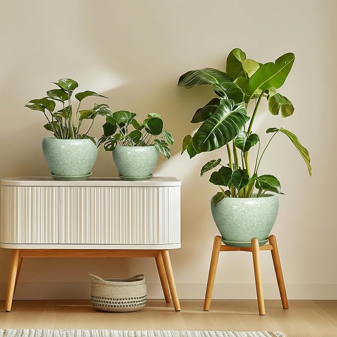 Ceramic Planter, 8 Inch Plant Pot, Crackle Light Green | Indoor Planters for Indoor Plants, Decorative Flower Pots with Drainage Hole and Saucer, Office Decor, Plant Lover Gifts