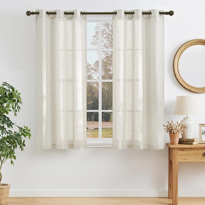 NICETOWN Linen Burlap Bedroom Curtains 63 inches Long, Grommet Semi Sheer Flax Linen Weve Drapes Privacy with Light Filtering Window Treatmentes for Kids Room, W36 x L63, Set of 2