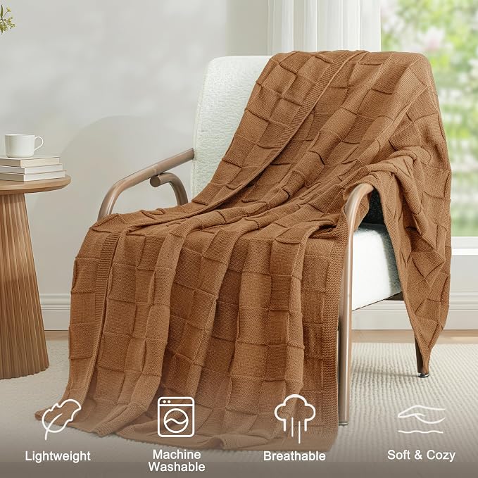 Whale Flotilla Checkered Knit Throw Blanket for Couch, Brown | Soft Decorative Knitted Blankets for Couch Sofa Bed, Lightweight Cozy Throws for Spring Summer, 60x80 Inch