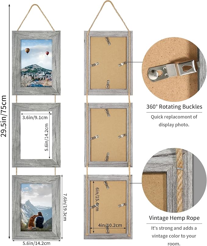 4x6 Collage Picture Frames Set of 2, Rustic Gray Wooden Real Glass Vertical Hanging 3 Opening 4 by 6 Photo Frame, Grey