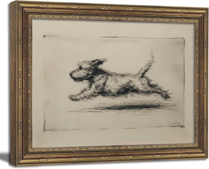 Vintage Gold Framed Running Dog Antique Terrier Sketch Wall Art 16x24in