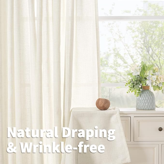 YoungsTex 48 Inch Length Linen Semi Sheer Curtains, Ivory Short Drapes | Light Filtering Curtain Textured for Bathroom Living Room Window with Rod Pocket Back Tab, 2 Panels, 42 X 48 Inch