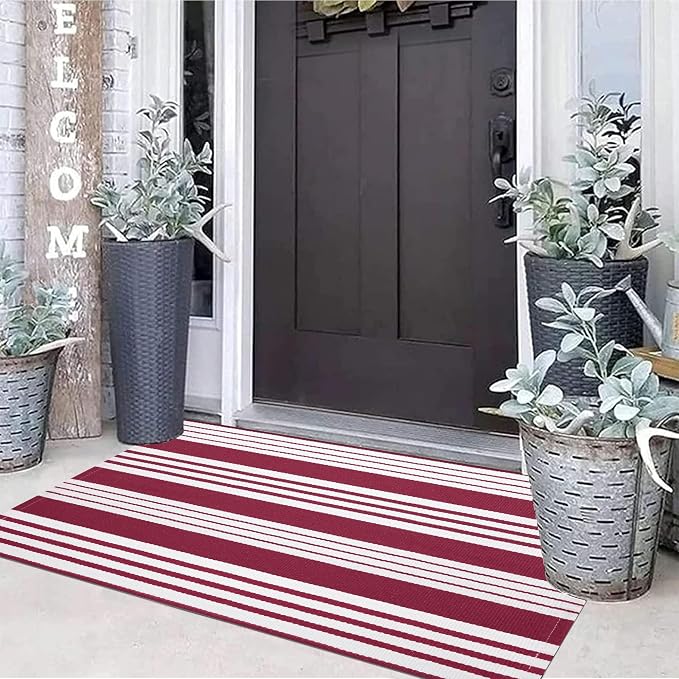 BUAGETUP Red and White Outdoor Rug 24"x51"Washable Front Porch Rug | Hand-Woven Cotton Farmhouse Layered Doormat Combined With Hello Welcome Mat