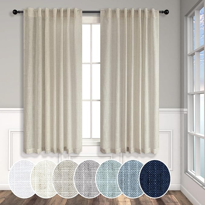 Pitalk Beige Curtains 54 Inch Length for Childrens Room 2 Panel Pocket Back Tab Top Short Neutral Semi Sheer Linen Energy Efficient Cotton Curtains for Bathroom Spa Office Retro Vintage Decor 54 Long