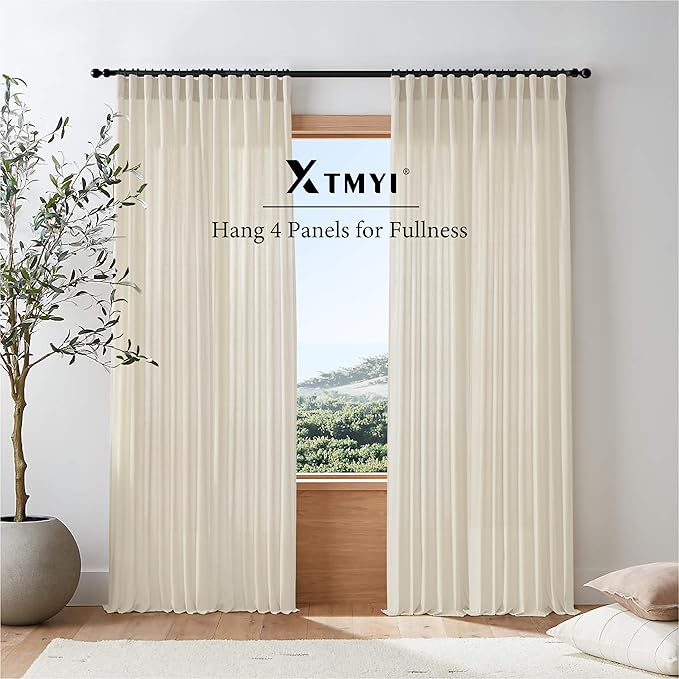 XTMYI Light Beige Curtains for Living Room,Linen Semi Sheer Light Filtering Farm House Curtain Set for Home Studio,9 FT 108 Inches Long